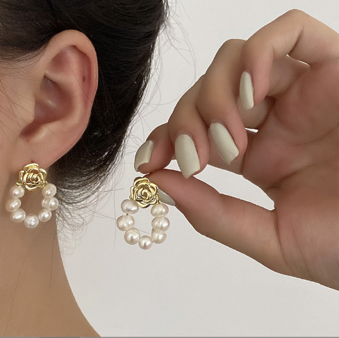 Shore Pearl Rose Flower Earrings