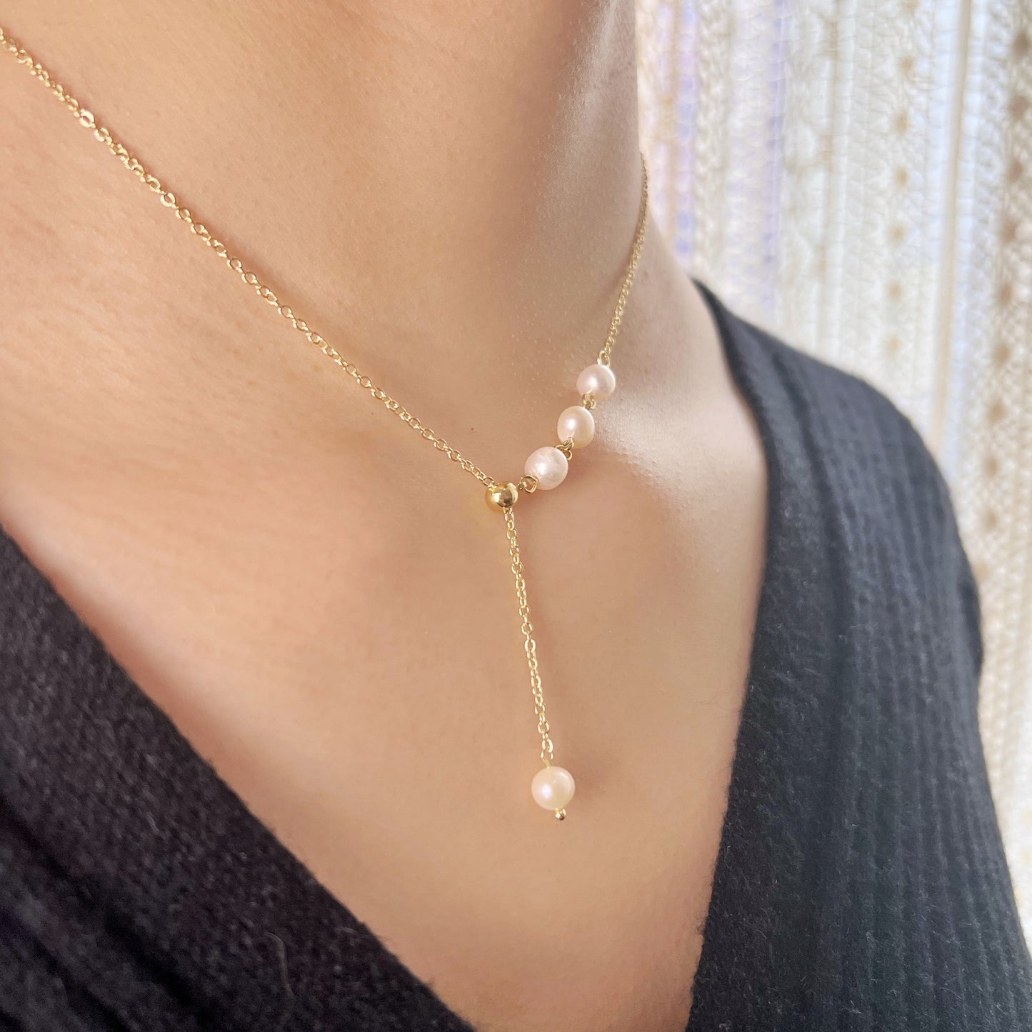 18K GOLD | Natural Freshwater Pearl Pull Necklace