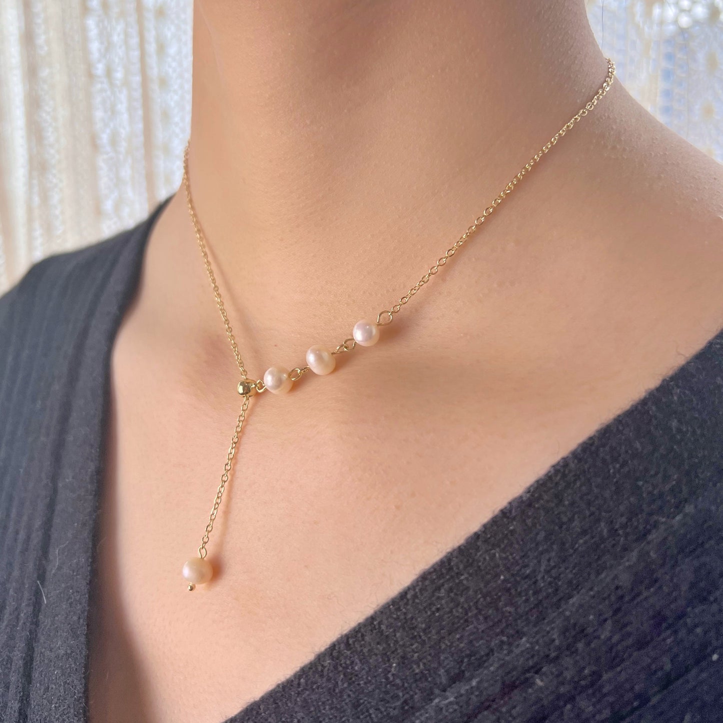 18K GOLD | Natural Freshwater Pearl Pull Necklace